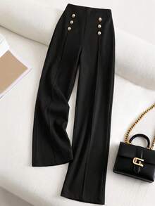 EURMUSE Pantalón palazzo de pierna ancha blanco con detalle de botón - Negro - Ver 1