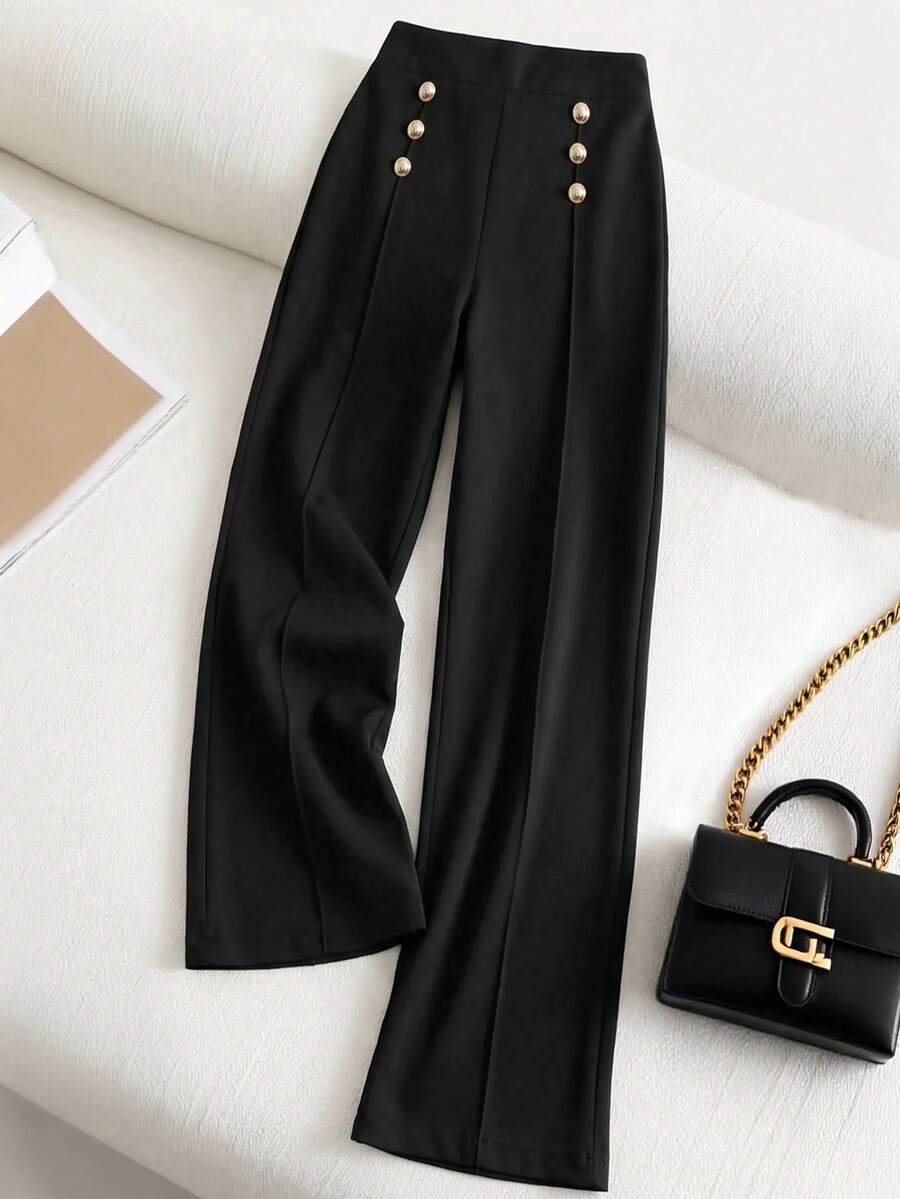 EURMUSE Pantalón palazzo de pierna ancha blanco con detalle de botón - Negro - Ver 1