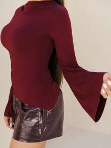 Maju Mazalli Crew Neck Ruched Flare Sleeve Cinched Waist Asymmetric Hem Burgundy Versatile T-Shirt,Red Top,Fall,Fall Clothes For Women Casual - Burgundy - View 6