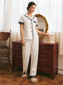 Côtesoire French Elegant Polka Dot Print Knit Fabric, Contrast Color Lace Patchwork Short Sleeve Long Pants Women's Pajama Set - Black and White - View 3