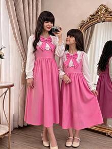SHEIN Tween Girls Midi Dress, Lace Collar Bow Ruffle Long Sleeve A-Line Flowy Dress - Multicolor - View 9