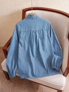 EMERY ROSE EMERY ROSE Women's Tie Neck Long Sleeve Casual Single-Breasted Denim Shirt - Light Wash - View 2