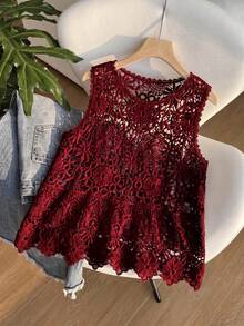 SHEIN EZwear 大尺碼女款春夏鏤空針織背心 - 酒紅色 - 查看 6