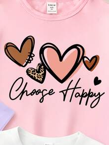 (Random Patterns,Randomly Ships 1 Of 3) Girls' Fashion Creative Pastel Floral Hollow Heart Leopard Print Fun Letter Pattern Basic Short Sleeve T-Shirt - Multicolor - View 4