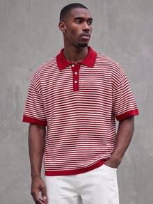 Manfinity VCAY Camiseta de manga corta para hombre con rayas, contraste de color y media abotonadura - Burdeos - Ver 8