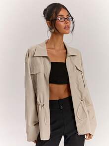SHEIN BAE Women's Autumn/Winter Daily Commute Versatile Linen Pigment Dyed Lapel Metal Zipper Elastic Cinched Waist Long Sleeve Jacket - Khaki - View 3