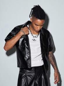 Modcrash Mens Black PU Leather Shirt, Short Sleeve Streetwear Button Down For Business Casual And Parties - Black - View 7