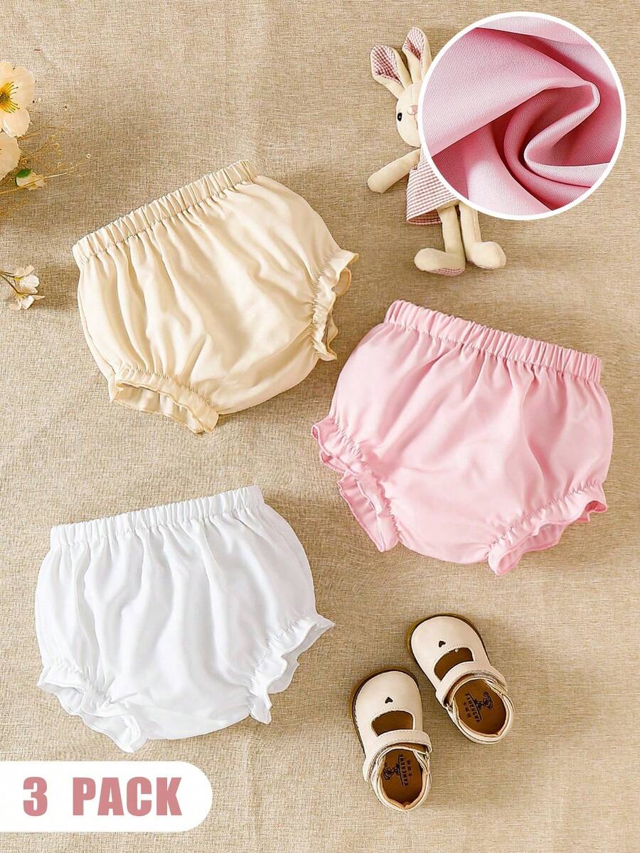 SHEIN Souflis 3件組 幼童男童休閒可愛百搭短褲 嬰兒女童下身荷葉邊褲腳內褲燈籠褲 荷葉邊 多色 聚酯纖維 素色 - 彩色 - 查看 1