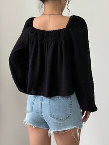 SHEIN Unity 女士纯色方领休闲长袖衬衫 - 黑色 - 查看 2