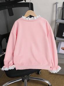 SHEIN 女童休閒韓系拼接白色蕾絲刺繡領口與袖口喇叭袖衛衣，適合外出、上學與通勤 - 粉色 - 查看 2