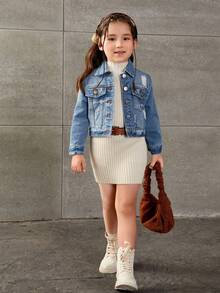 SHEIN Elladie kids 少女復古基本款做舊短版牛仔夾克，適合日常穿著、學校、校園、大學，秋季款 - 淺色水洗藍 - 查看 4