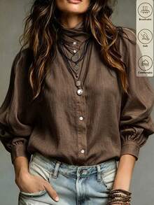 SHEIN Women's Solid Color Single-Breasted Casual Versatile Daily Wear Shirt - Brown - View 7