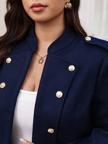 SHEIN Clasi 大尺碼女款金屬鈕扣設計長袖開襟西裝外套 秋季 - 藍色 - 查看 5