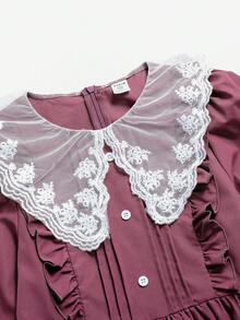 SHEIN Tween女孩格紋蕾絲簡約返校洋裝，秋冬/四季穿著，適合小學、國中 - 粉色 - 查看 11