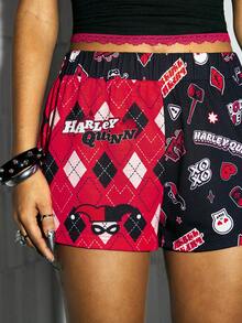 Harley Quinn X SHEIN شورت نسائي بطباعة كاملة بتصميم كتل لونية ورقعات - متعدد الألوان - مشاهدة 7