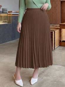 Dazy Plus Rok Lipit Elegan Warna Polos untuk Musim Semi/Panas, Rok Cokelat Serbaguna - Coklat - View 5