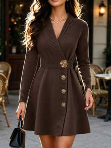 SHEIN Franclia New Autumn V-Neck Waist Cinched Knitted A-Line Dress, Elegant And Intellectual - Chocolate Brown - View 1
