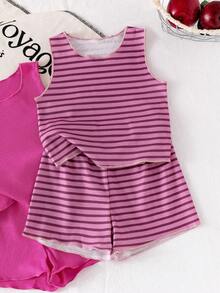 SHEIN Elladie kids 6件組女嬰幼兒0-3歲休閒日常基本度假款柔軟針織無袖上衣T恤與短褲套裝，亮桃紅色3色夏季套裝 - 彩色 - 查看 5
