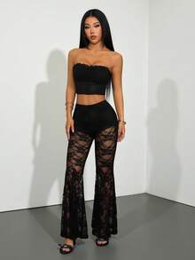 SHEIN PETITE 女款春季性感復古蕾絲內襯喇叭褲 喇叭緊身褲 小碼女款 - 黑色 - 查看 6