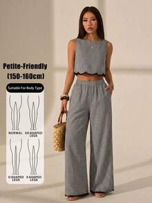 SHEIN PETITE 女款黑白格紋夏季兩件套，圓領背心上衣搭配鬆緊腰長褲，優雅度假茶會休閒穿搭，適合嬌小女性 - 黑與白 - 查看 11