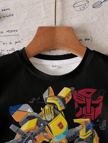 Transformers X SHEIN 小男孩字母機器人印花圓領短袖休閒T恤 - 白色 - 查看 5
