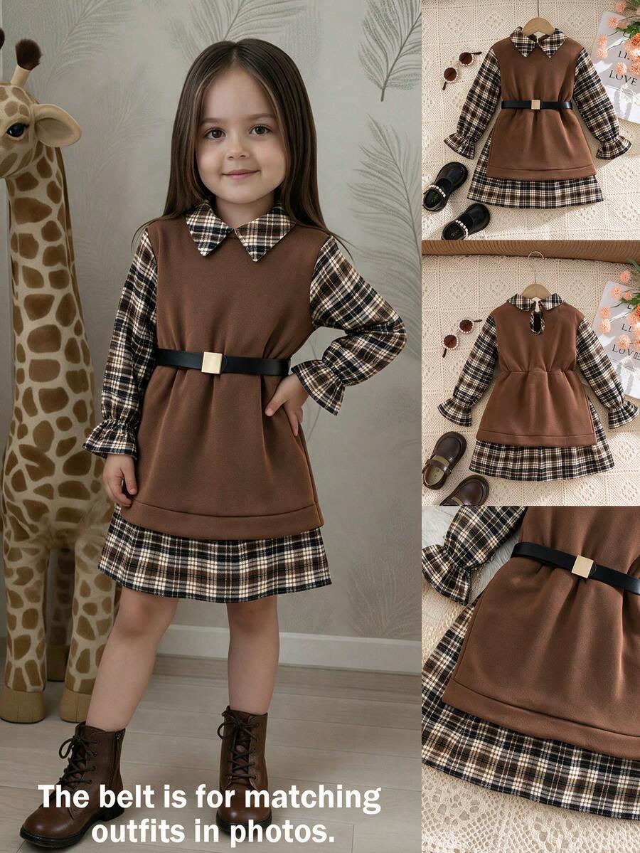 Emery Rose Kids 女童小女孩針織素色拼接格紋襯衫領花瓣袖休閒秋季洋裝 - 咖啡 - 查看 1