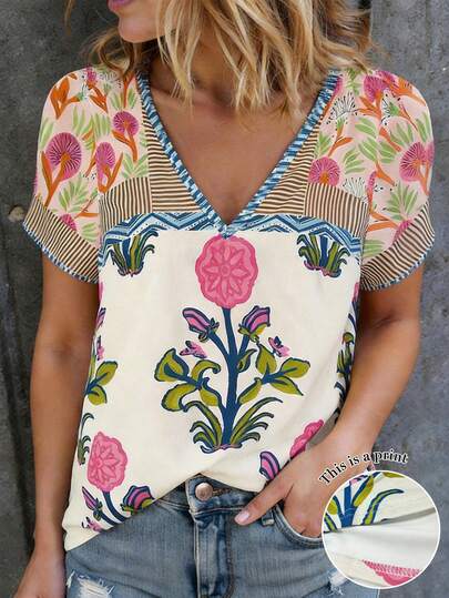 SHEIN LUNE Damska koszulka casualowa z nadrukiem cyfrowym i dekoltem w serek, top w kwiaty w stylu boho