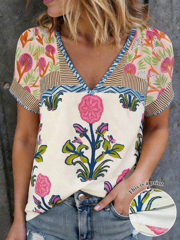 SHEIN LUNE ملابس علوية كاجوال للنساء بطبعة رقمية وياقة على شكل حرف V، ملابس علوية زهرية بوهيمية