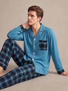 EverLounge 男士格紋拼色經典翻領開襟休閒居家服套裝 - 墨綠色 - 查看 1