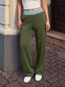 Pariaura Women's Waist Patchwork Olive Green Loose Straight Leg Sports Athleisure Modest Pants Formal Workout Summer - Green - View 3