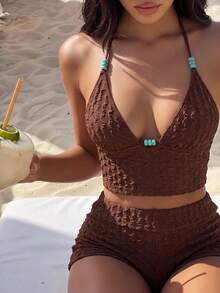 Swim Vcay New Spring Summer Brown Beaded Textured Fabric Spaghetti Strap Mini Shorts Flattering Slimming Beach Vacation Party Afternoon Tea 2 Pieces Set Tank Top Bikini Swimwear Set For Women - Brown - View 1
