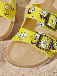 SpongeBob SquarePants | SHEIN 女童卡通黃色印花休閒涼鞋，可調節扣環露趾涼鞋，夏季平底鞋，兒童休閒沙灘與居家日常拖鞋 - 黃色 - 查看 8