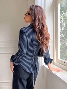 SHEIN EZwear 女款休閒收腰長袖襯衫，條紋襯衫，秋季/冬季女裝，通勤穿搭，夏季服飾，街頭風，適合日常通勤、約會、派對、秋季/冬季、夏季、派對、婚禮、海灘、畢業典禮，優雅休閒，外出穿搭，Y2K，音樂節穿搭，度假服飾，返校穿搭 - 彩色 - 查看 5