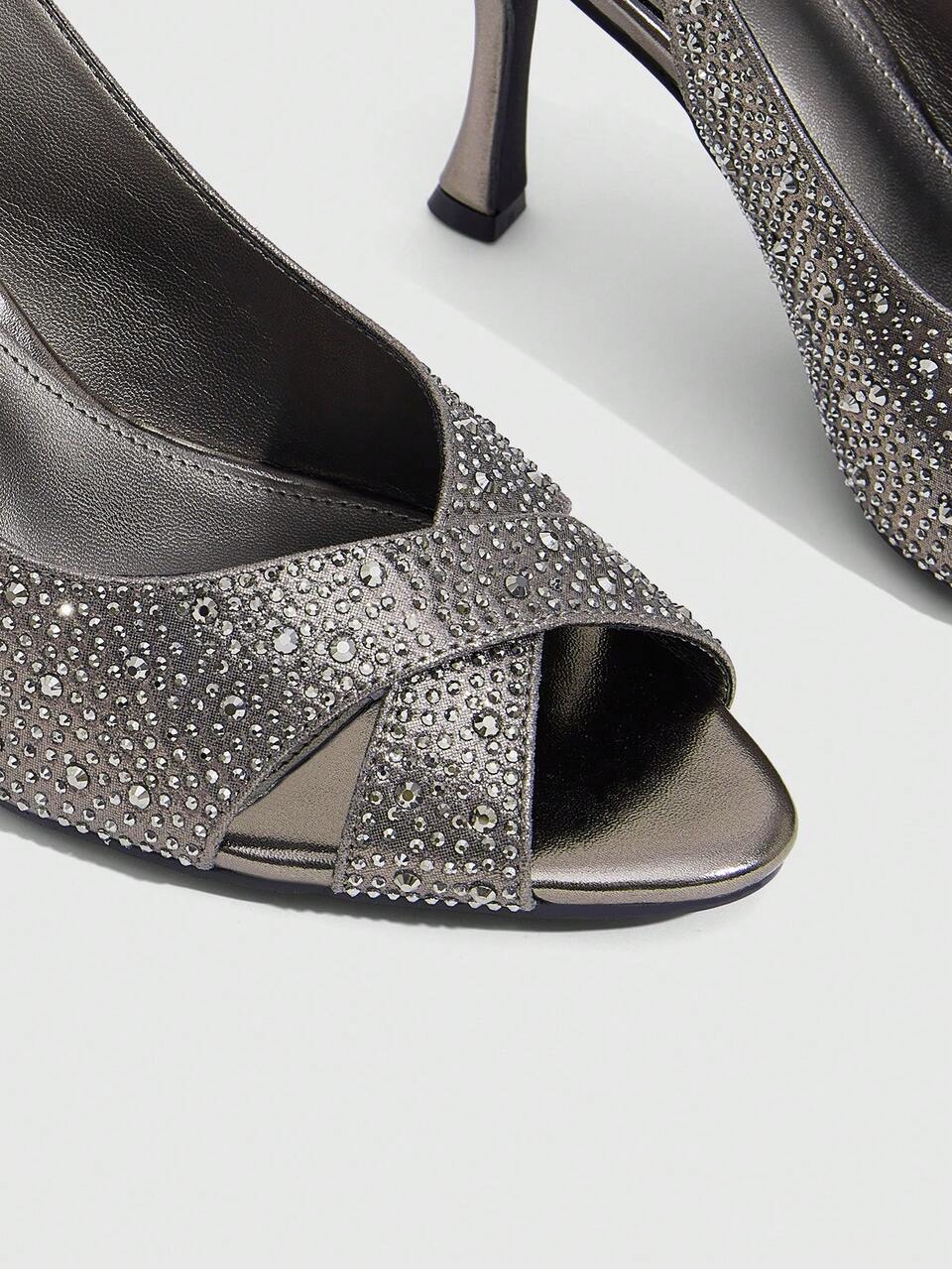 CUCCOO SZL Ladies Summer Sparkling Rhinestones Decorated Open Toe Backstrap Kitten Heel Sandals, Elegant Metal Silver Wedding Party Dinner High Heel Sandals