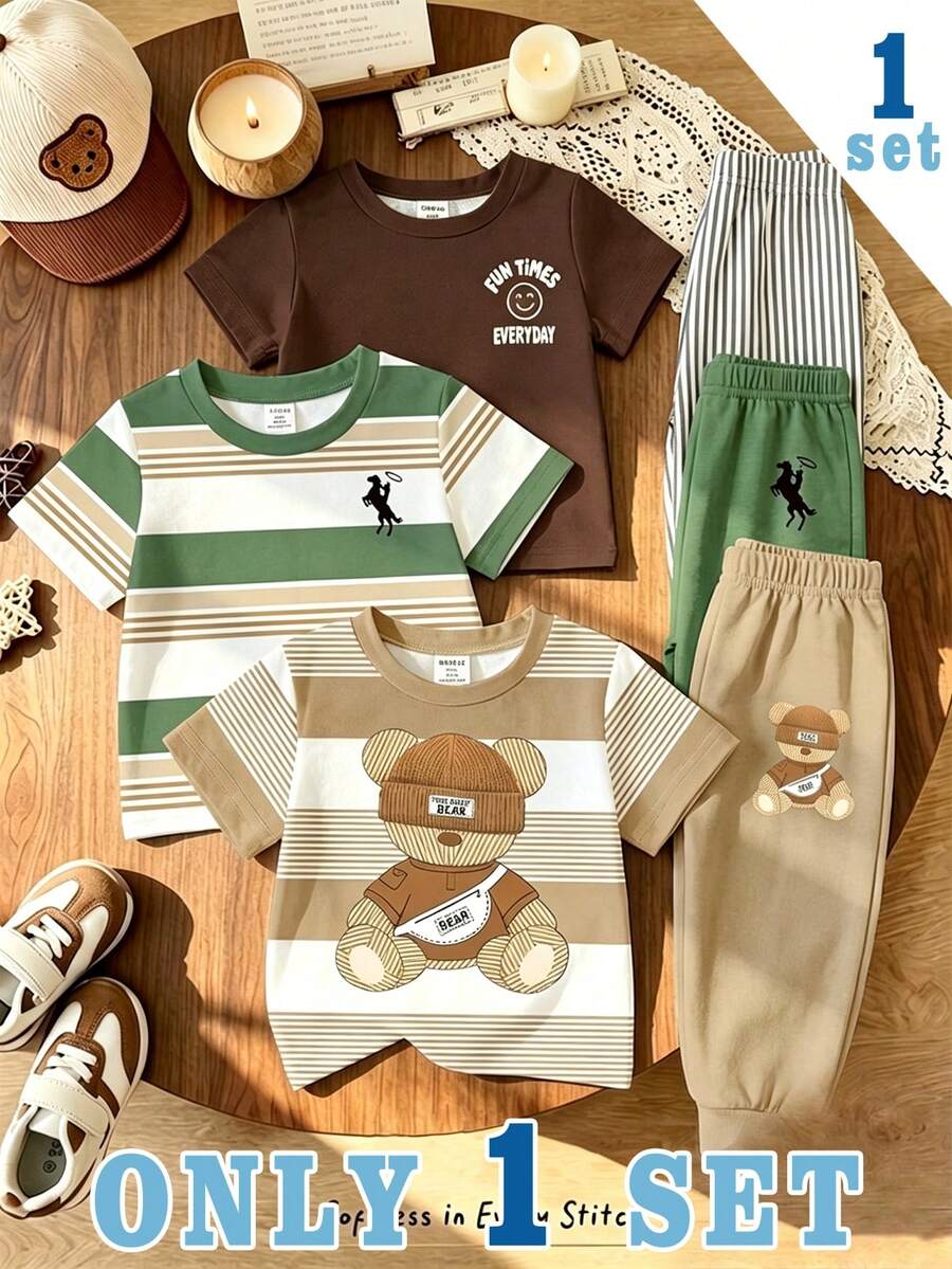2pcs/Set Baju Kasual Anak Laki-laki Modis dengan Motif Wajah & Huruf, Leher Bulat, Lengan Pendek, dan Celana Panjang Bergaris, Pakaian Kasual untuk Anak Laki-laki, Aktivitas Luar Ruangan, Santai, Gaya Korea - MultiWarna - View 1