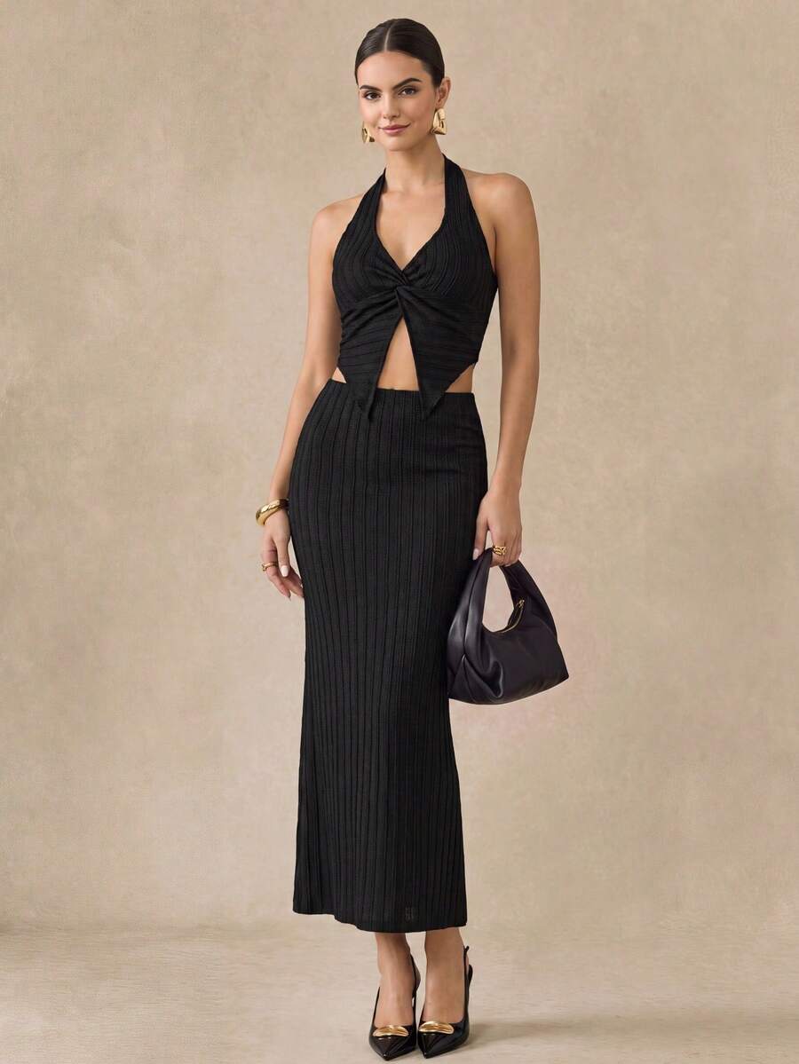 Almamuse Women's Casual Textured Halter Top And Skirt 2-Piece Set - Black - View 1