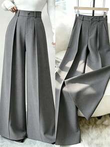 Elenzga Premium Light Gray Mid-Waist Front-Center Pleated Loose Wide-Leg Slimming Commuter Long Straight Suit Pants For Women - Grey - View 3