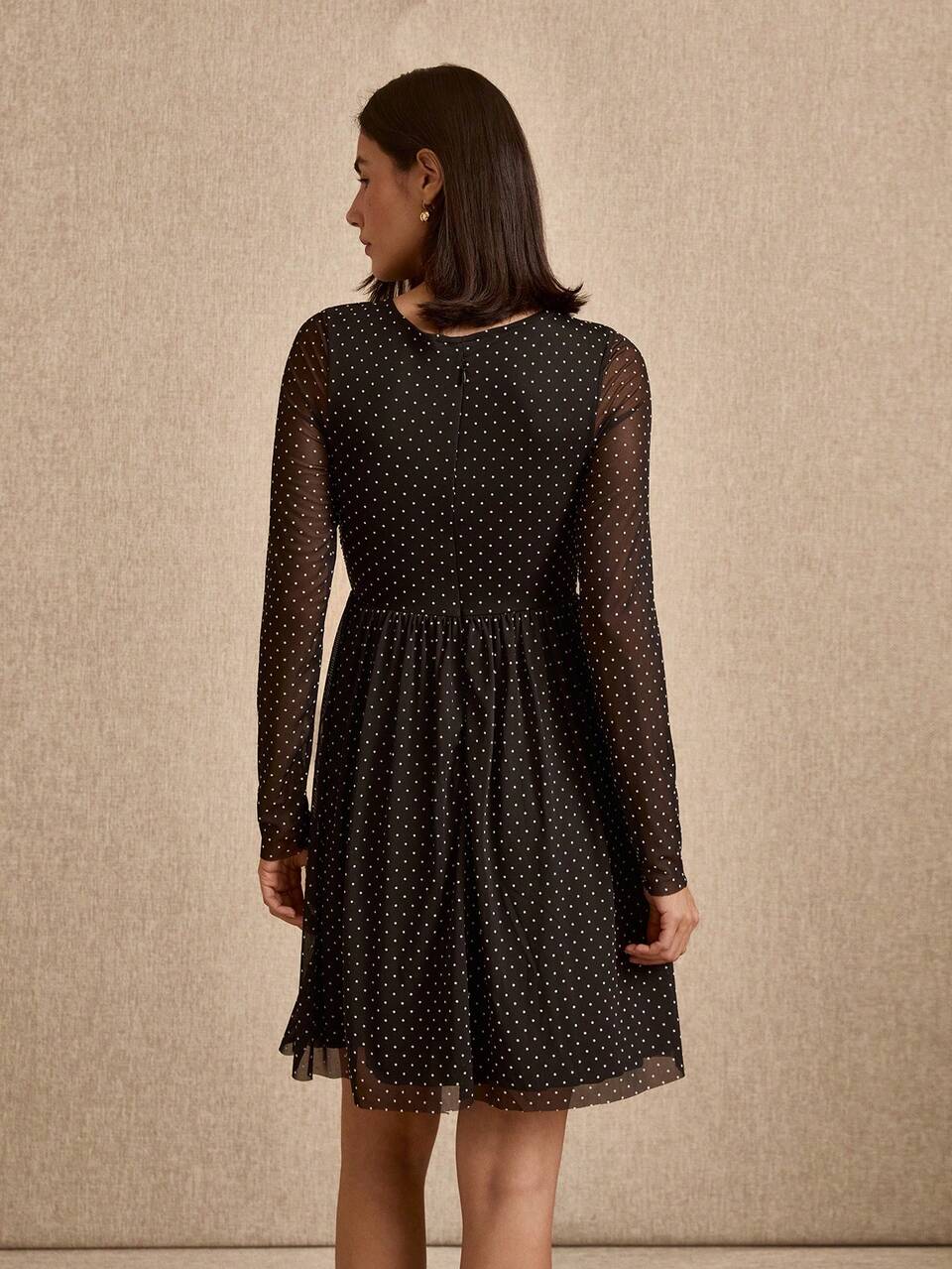 Long Sleeve Black Polkadot A Line Mesh Mini Dress With Ruffled Skirt Summer Autumn Vintage Going Out