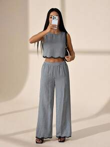 SHEIN PETITE 女款黑白格紋夏季兩件套，圓領背心上衣搭配鬆緊腰長褲，優雅度假茶會休閒穿搭，適合嬌小女性 - 黑與白 - 查看 7