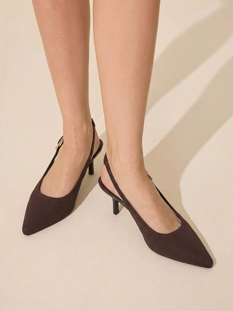 CUCCOO BASICS Ladies Pointed Toe Thin Heel Sexy Avant-Garde Back Strap Slip-On Fashion High Heel Shoes Gorgeous Buckle Knitted Burgundy Low Vamp Breathable Fall Shoes