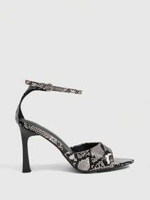 CUCCOO SZL Sepatu hak tinggi wanita motif ular dengan tali pergelangan kaki, model terbuka dan ujung runcing. - Abu-abu / hitam - View 2