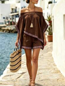SHEIN Women's Vacation Style Off-Shoulder Linen Set, Summer Embroidery Loose Batwing Sleeve Top And Shorts Casual 2-Piece Outfit - Brown - View 5