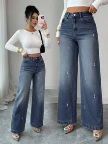 DAZY Women's High Waist Wide Leg Washed Rhinestone Thermal Lined Denim Jeans Casual Style Winter Fall - Dark Wash - View 7