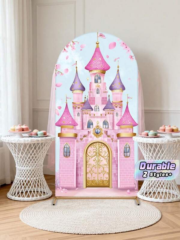 1 Pieza Fondo de Arco de Castillo Rosa con Tema de Cuento de Hadas Impreso en 2D Plano de Poliéster, Fácil de Instalar Decoración Interior y Exterior para Fotografía de Baile Ceremonias y Decoración Festiva