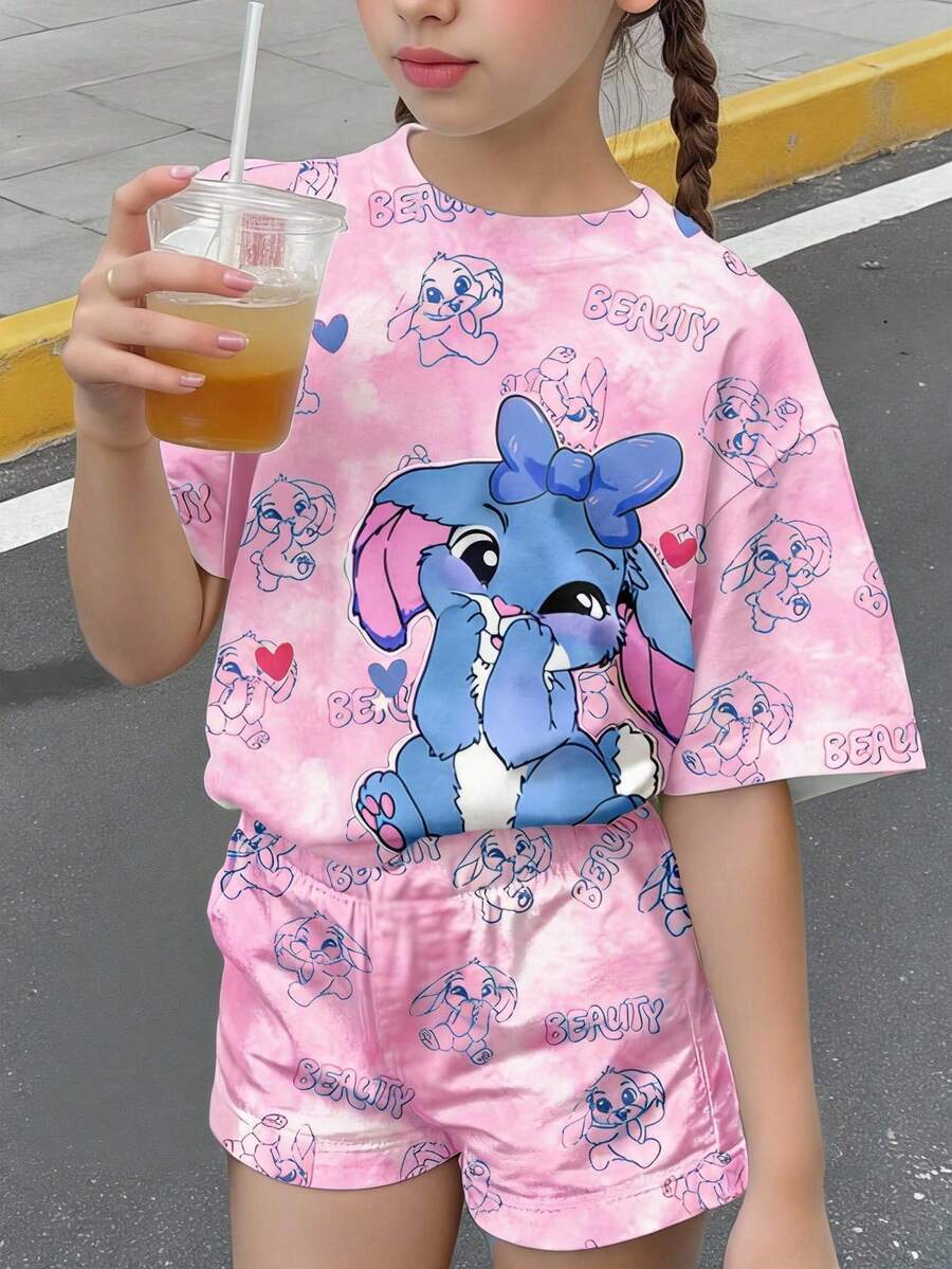 2件套可爱卡通蓝色兔子图案扎染粉色海洋风少女休闲圆领短袖T恤和短裤套装,适合夏季穿着 - 彩色 - 查看 1