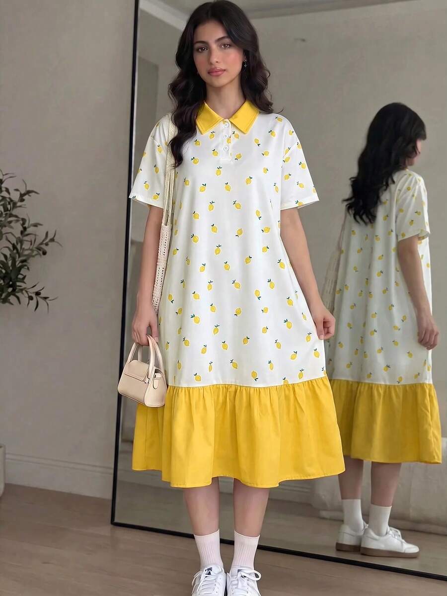 青少年女孩 Polo 領檸檬印花短袖中長洋裝,對比色荷葉邊花瓣袖,適合校園、戶外、購物,白色夏季可愛休閒風 - 黃色 - 查看 1