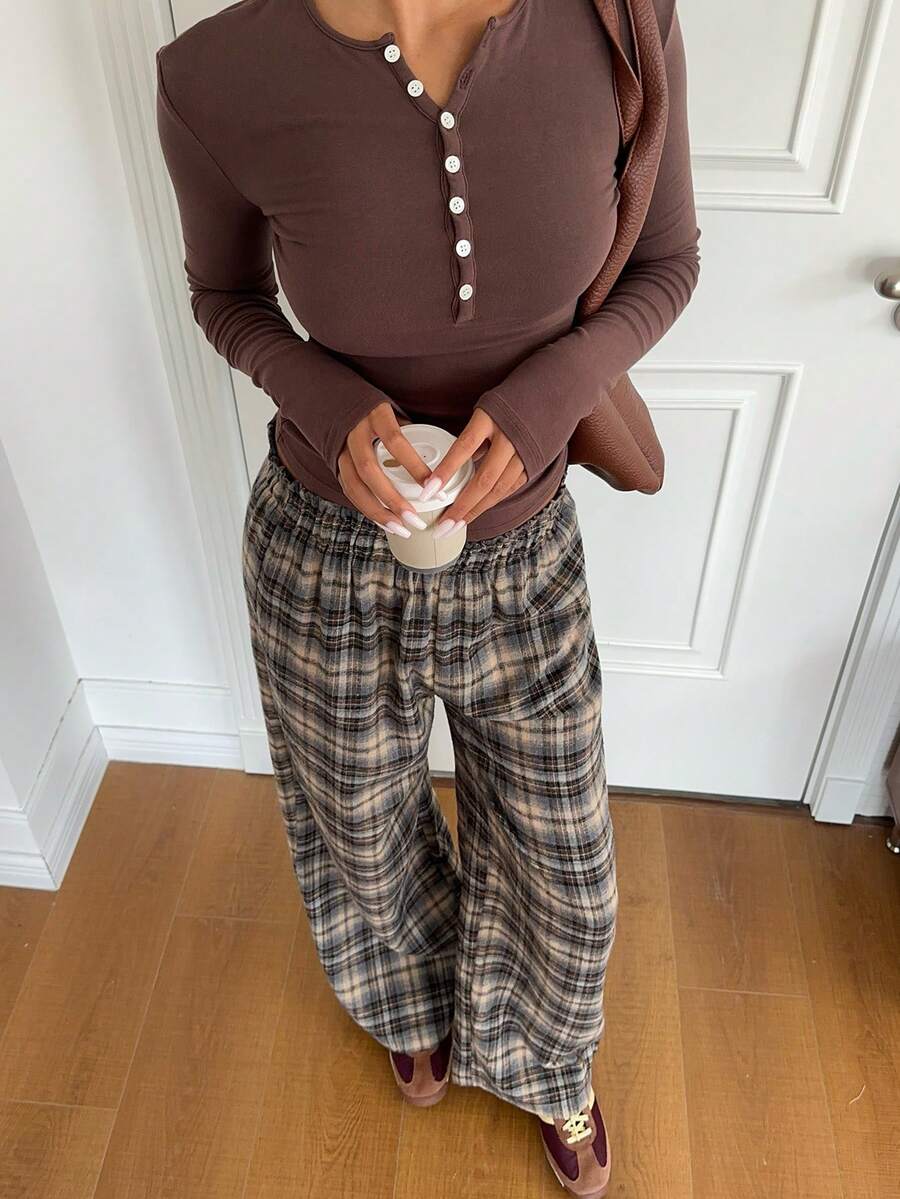 Aloruh Women's Casual Loose Plaid Straight Leg Pants - Multicolor - View 1