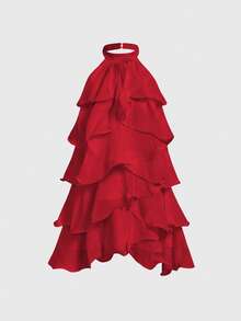 Skyraze Vestido mini blanco con cuello halter, cuello alto y volantes multicapa - Rojo - Ver 4