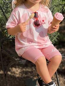 THE HAPPY LOOK Setelan 2 Potong Atasan Pullover Lengan Pendek Leher Bulat Lembut Motif Hati untuk Anak Perempuan dan Celana Pendek Pinggang Elastis - Berwarna merah muda - View 7