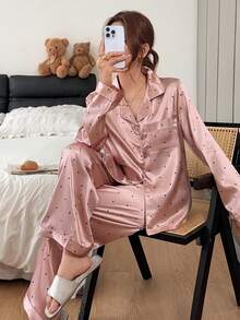 Napfluff Women's Minimalist Elegant Black Polka Dot Print Long Sleeve Pants Pajama Set - Multicolor - View 1